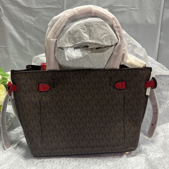 NWT - Michael Kors Hamilton Legacy Sm Logo Belted Satchel, Crimson/Brown - Picture 6 of 11